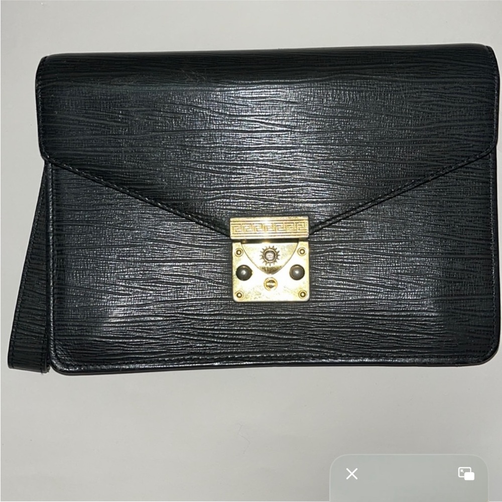 Versace VINTAGE Black Leather Wristlet Clutch lock & key